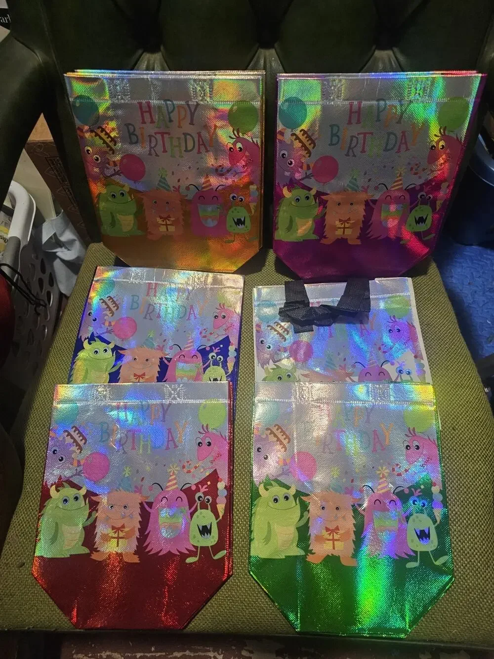 12 pack Cartoon Monsters Metallic Birthday Bags Waterproof Reusable 8x4x8